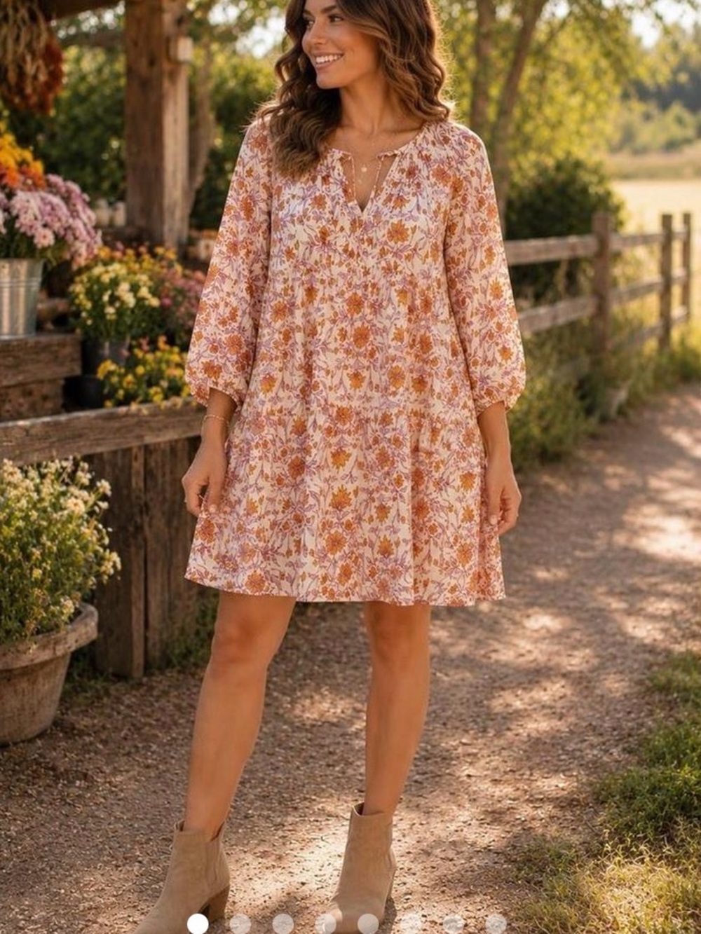 Floral Cotton Indian Block Print Fabric Mini Dress in Peach, Size XS-M